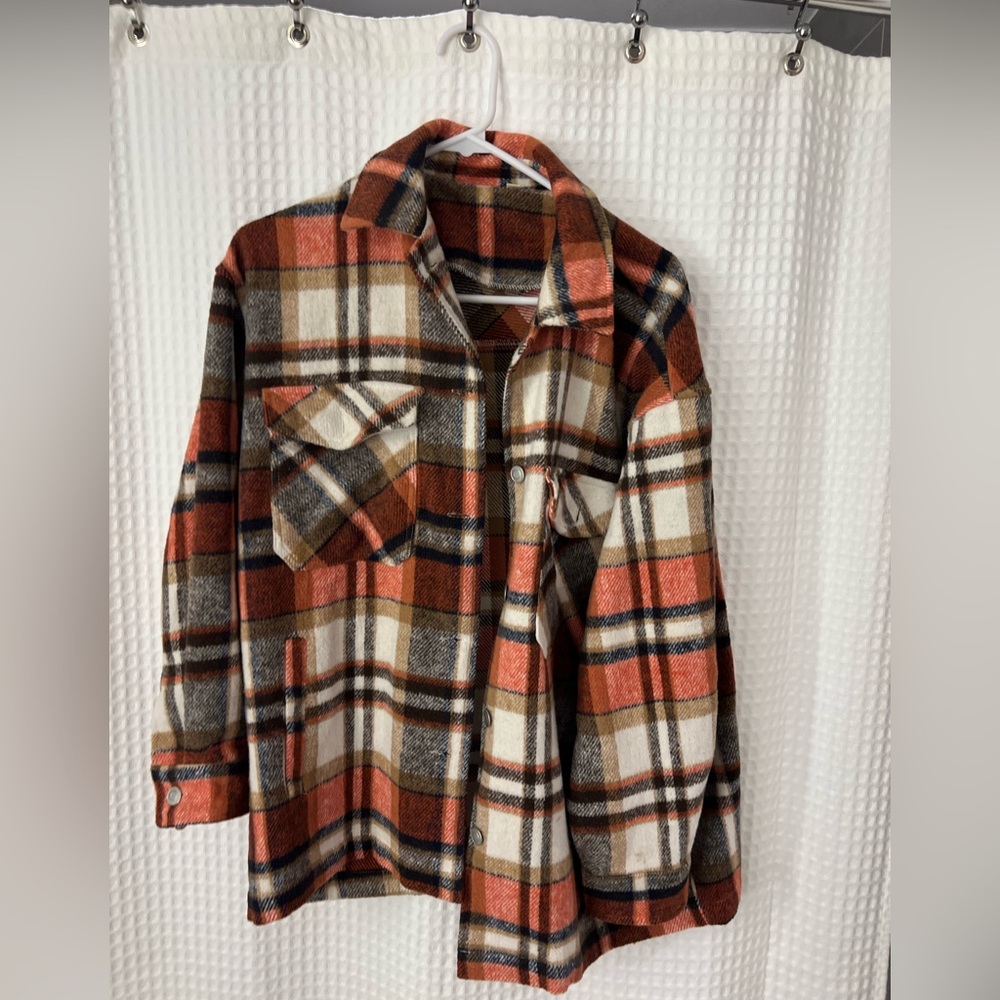 Size Medium Fall Flannel. Orange, Tan, Creme and Black. Like NEW!